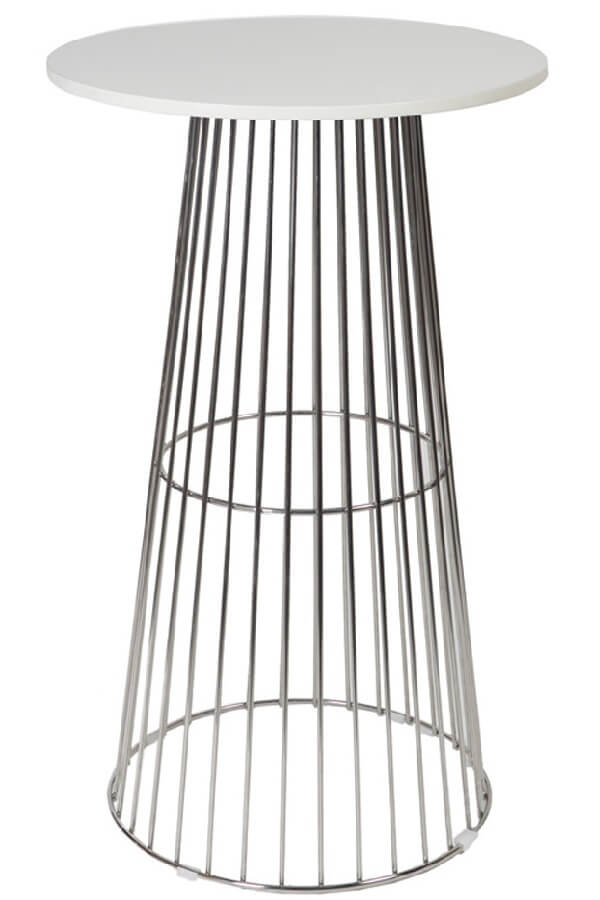 Birdcage Bar Table – Silver with White Top – 70cmW x 110cmH