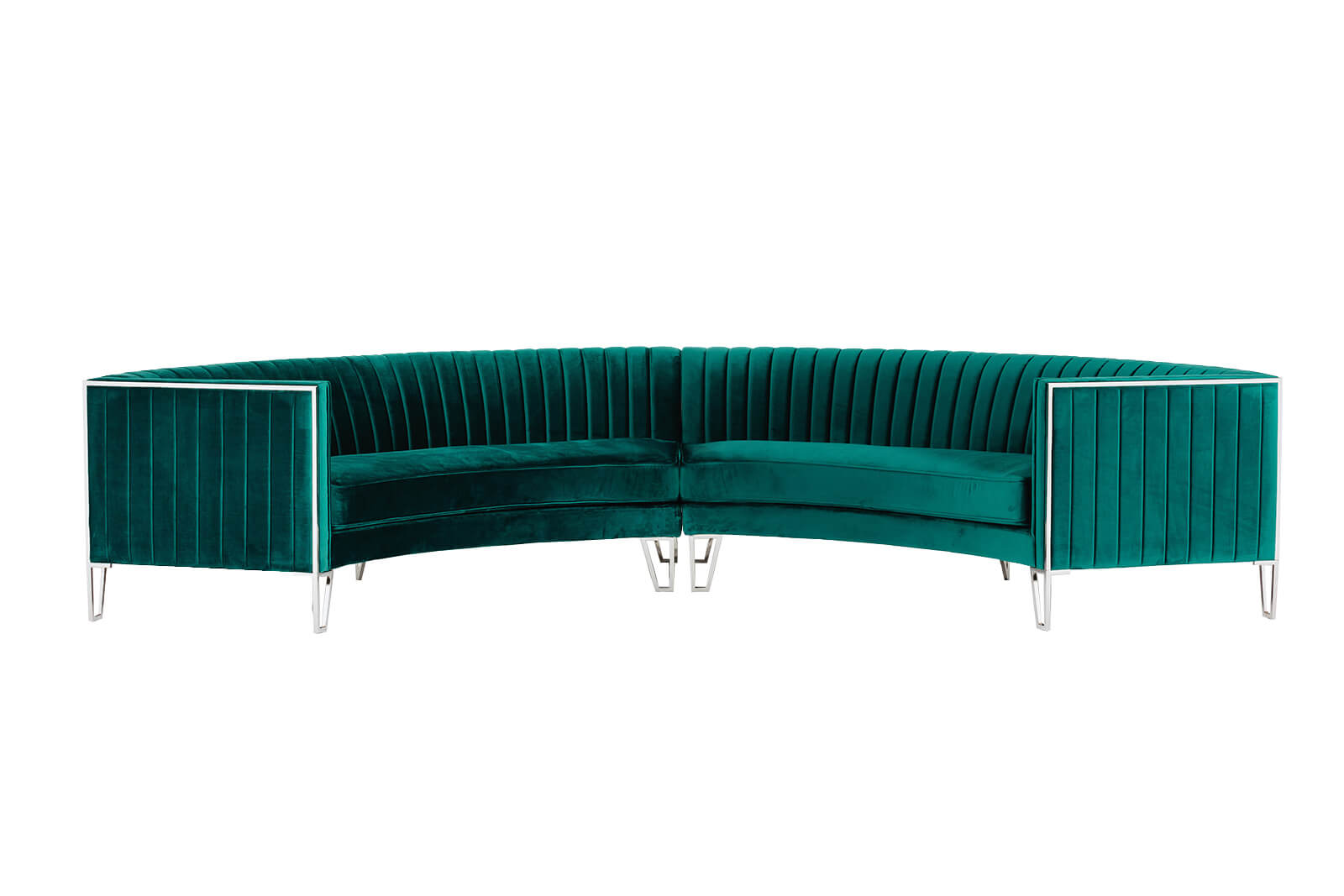 Harlow Six Seater Semi Circle Lounge – Emerald Green Velvet – 380cmL x 166cmD x 80cmH