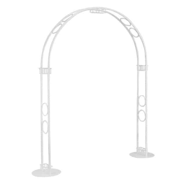 Curved Arch with Flower Baskets – White Metal – 173cmW x 23cmD x 223cmH