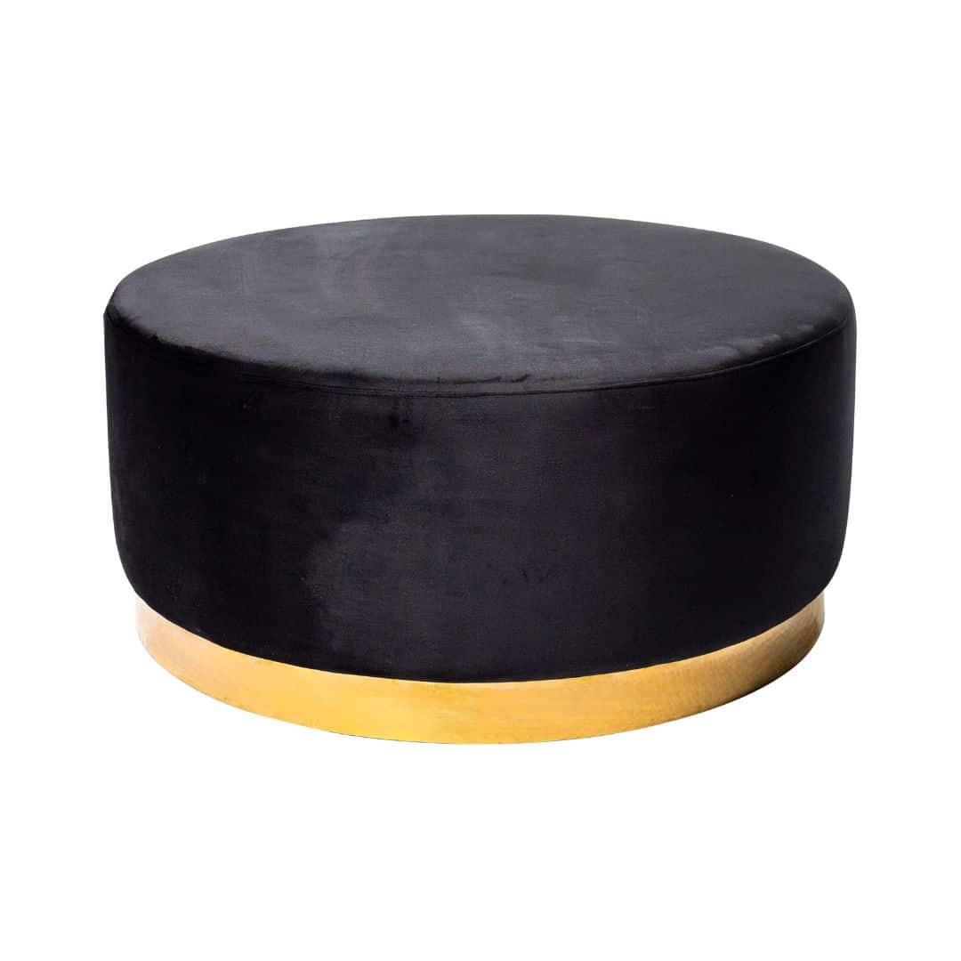Harlow Ottoman – Black Velvet with Wide Gold Band – Large