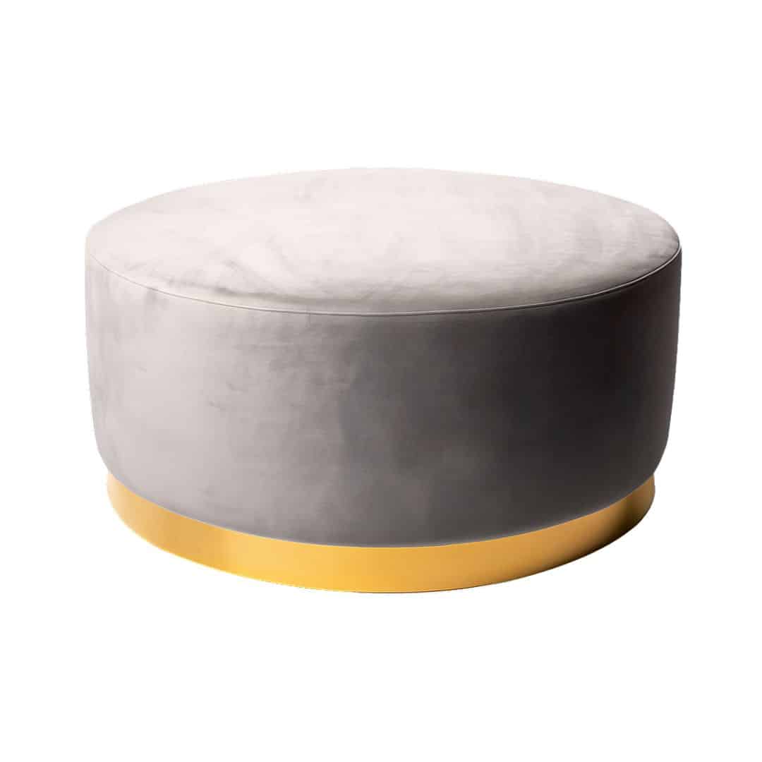 Harlow Ottoman – Dove Grey Velvet with Wide Gold Band – Large
