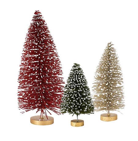 Mini Bottle Brush Christmas Trees – Set of Three – Red, Green and Gold – 10-23cmH