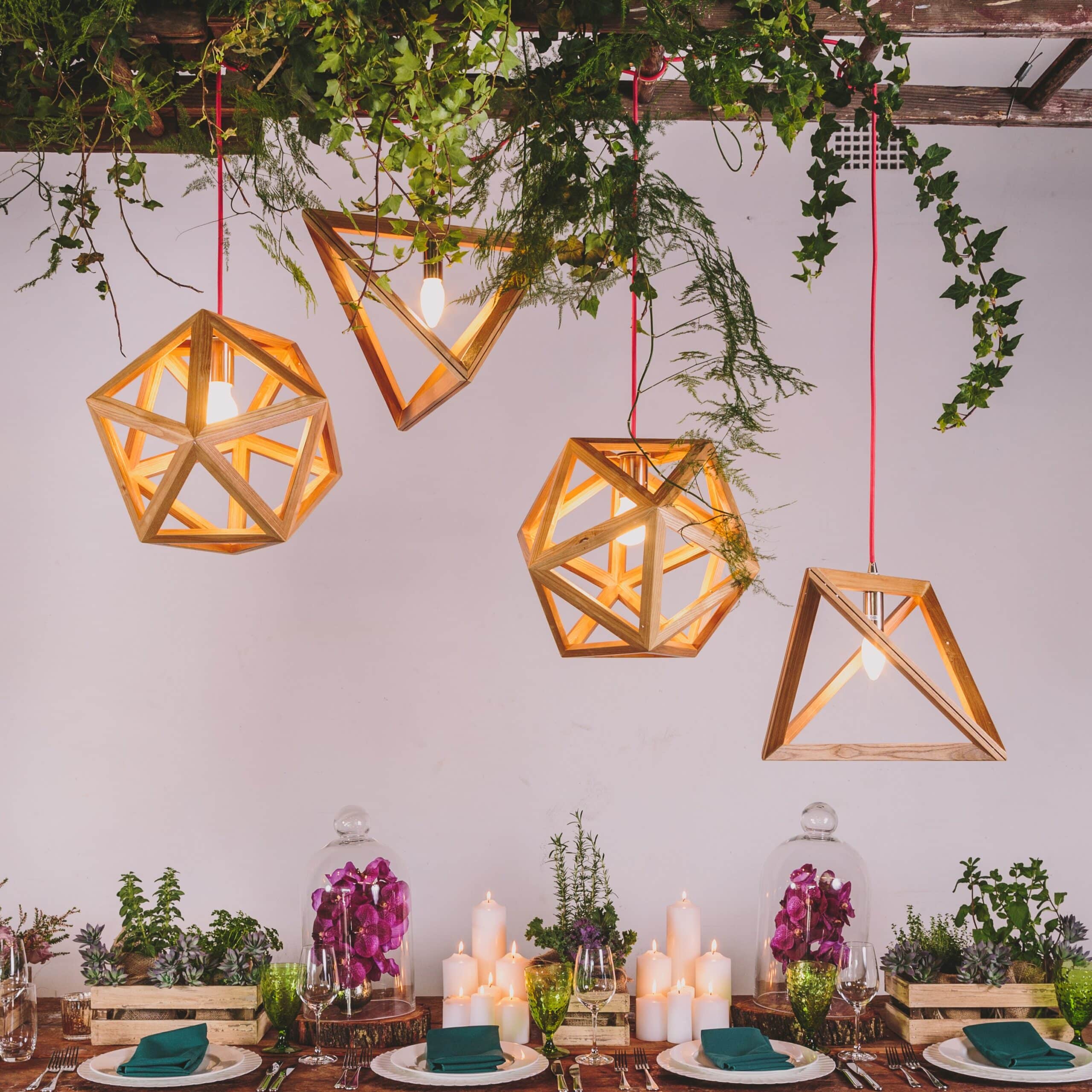 Tri Pendant Chandelier – Natural Timber with Red Cord – 27cmW x 39cmH