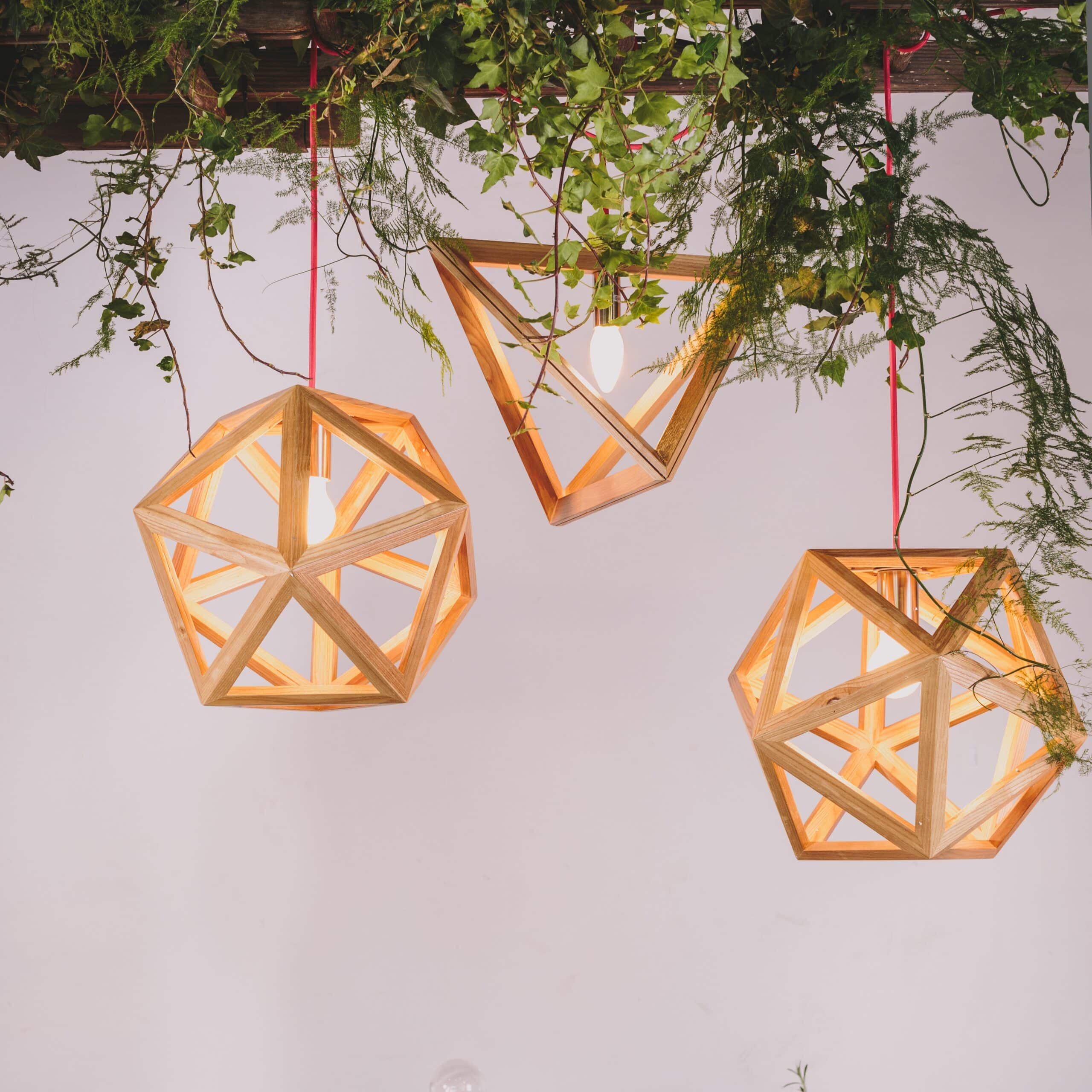 Tri Pendant Chandelier – Natural Timber with Red Cord – 27cmW x 39cmH
