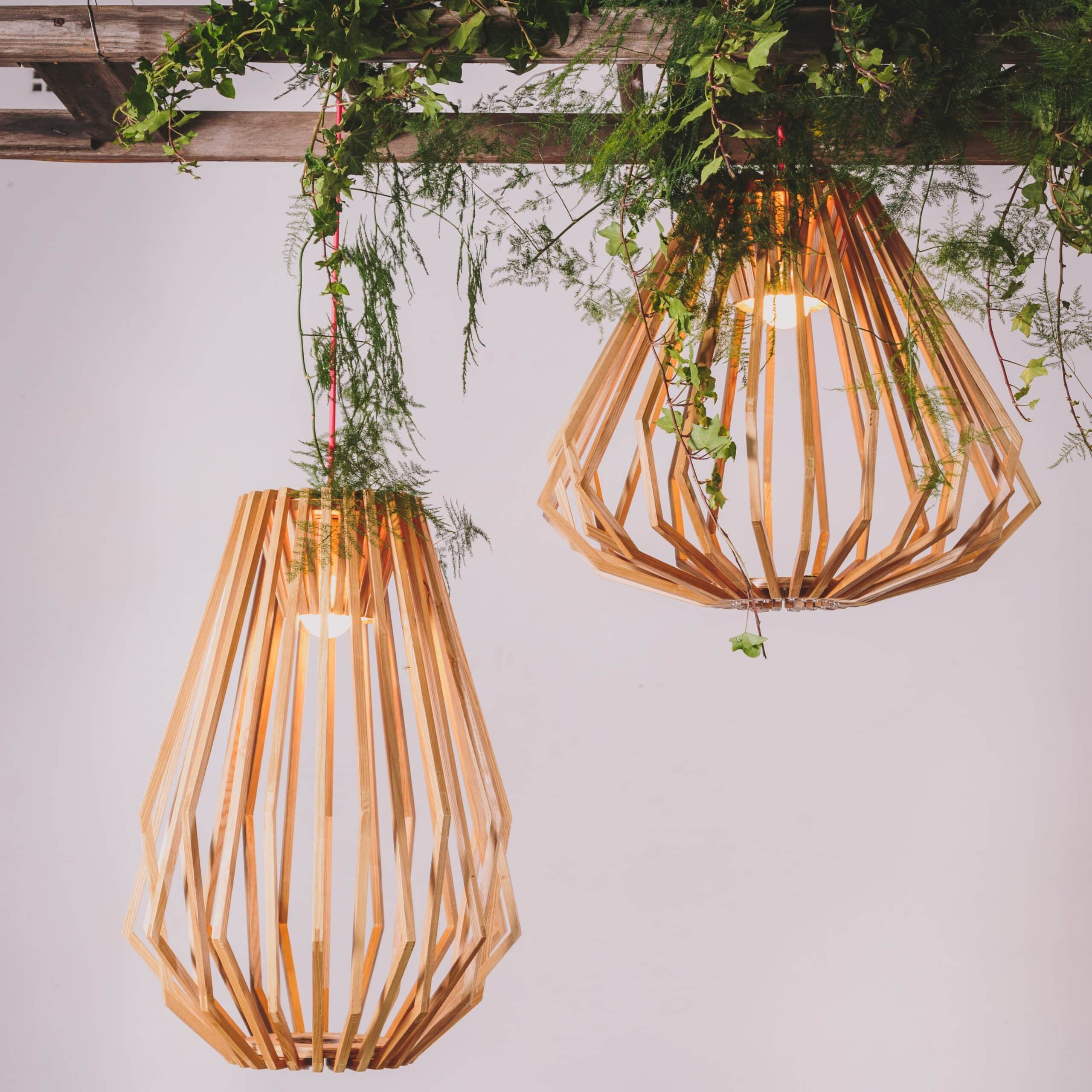 Whisk Pendant Light – Natural Timber with Red Cord – Set of Two