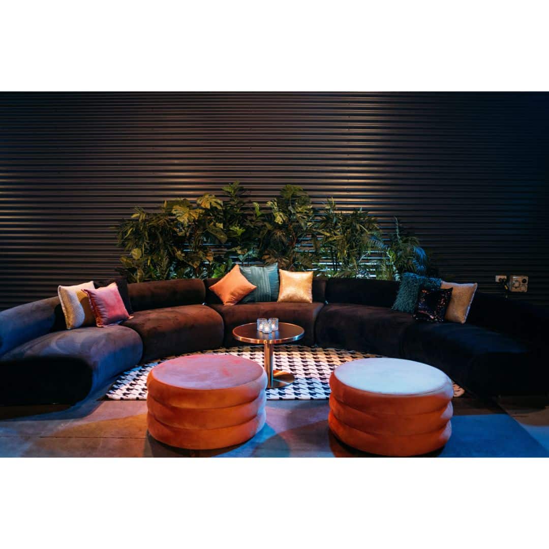 Apollo Half Curved Lounge – Black Velvet – 450cmW x 245cmD