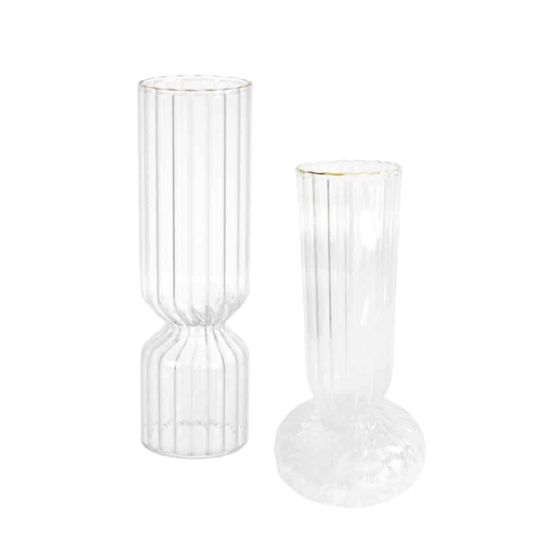 Valentina Ribbed Bud Vase – Gold Rim – Clear Glass – Set of Two